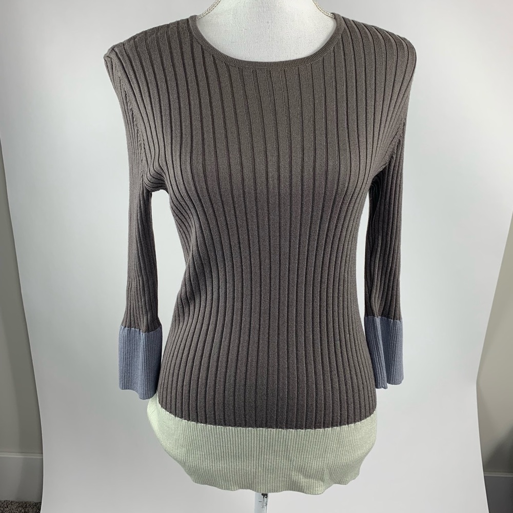 St. John Ribbed Crewneck Sweater in Brown with Blue and Cream Accents